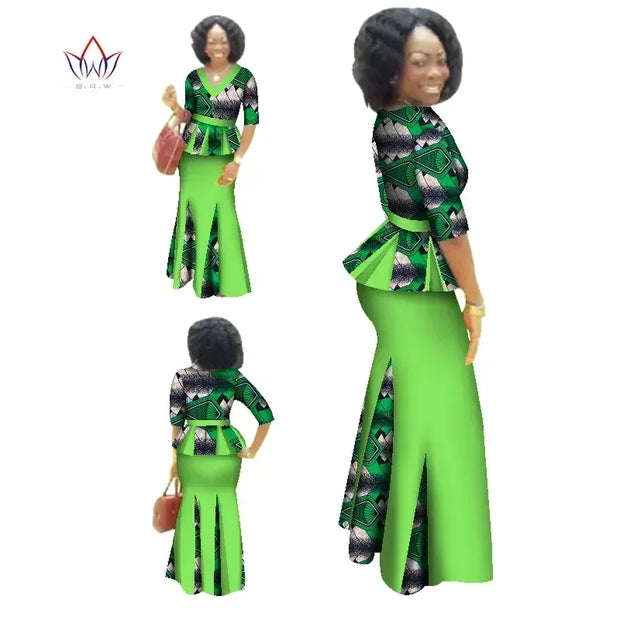 Traditional African Clothing 2 Piece Set Women Clothes Half Sleeve Maxi Dress Dashiki African Print Skirt free Scarf 6XL WY1435