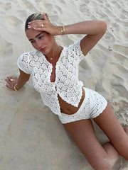Sexy Women Crochet Hollow Out Patchwork Top Suits Fashion Round Neck Cardigan Crop Shorts Sets Summer Female Beach Party Outfit