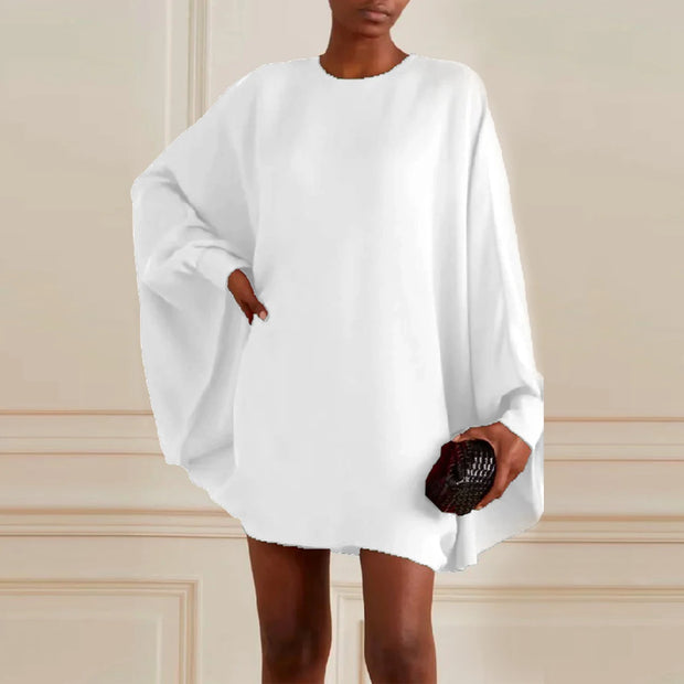 Yeezzi Spring Fashion Female Green Dress Loose Simple Long Batwing Sleeves Solid Color Round-Neck Mini Dresses For Women 2023