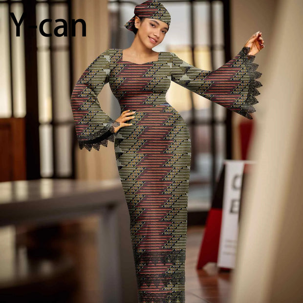 African Dress for Women Elegant Flare Sleeve Lace Dress Slim Fit Party Evening Gown Vestidos with Headwrap African Dress 2425158
