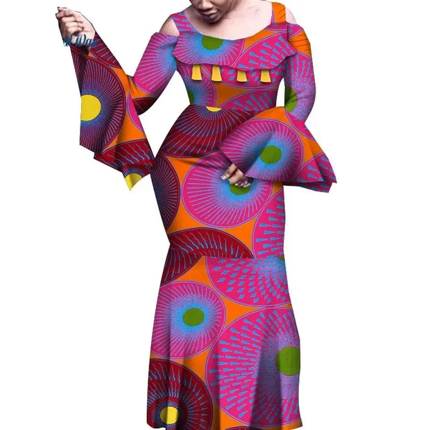 African Dresses for Women Print Flare Long Sleeve Dresses Vestidos  Riche African Wedding Party Sexy Ankara Dresses WY6843
