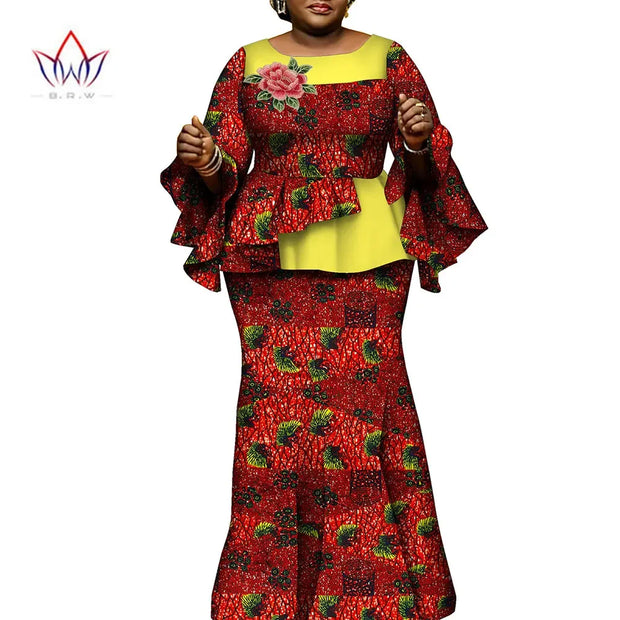 African Clothes for Women 2 Pieces Outfits Set African Print Pleated Tops and Long Skirts Traditional Clothing Party WY10413