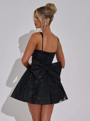 Fantoye Glitter Bright Silk Sparkling Bow Women Dress Apricot Spaghetti Strap Mini Dress Female Spring Slim Elegant Party Dress