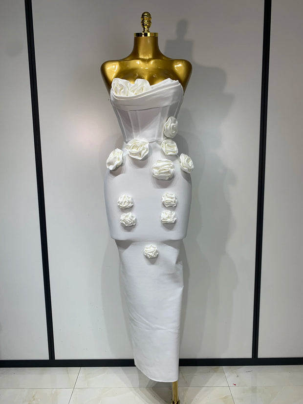 Women Celebrity Sexy Strapless Backless Flower Maxi Long Bodycon Bandage Dress 2025 Elegant Birthday Evening Club Party Dresses