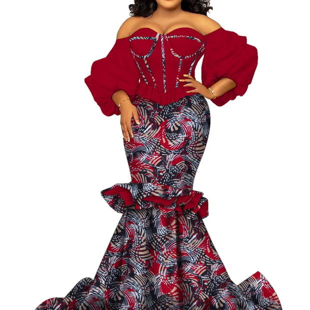 African Women Dresses Riche Cotton African Print Floor-Length Puff Sleeve Party  Wedding Dress African Women Clothes Wy1656