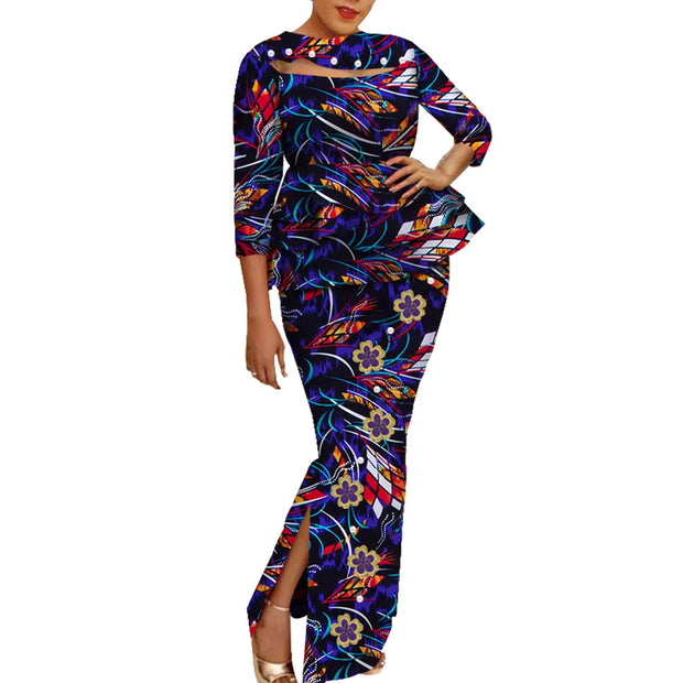 African Wax Print Clothing Women 2 Piece Outfits Set Bazin Riche Applique Flower & Pearls Women Tops and Skirt Set WY3698