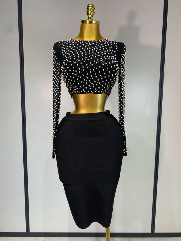 Women Sexy Long Sleeve Mesh Pearl Top Celebrity Midi Women Bandage Set 2025 Designer Evening Party Luxury Birthday Two Piece Set