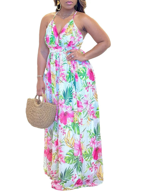 Wmstar Women Dress New in Summer Female  Floral Print V Neck Multi Sleeveless Maxi Dresses Wholesale Dropshipping S-3XL
