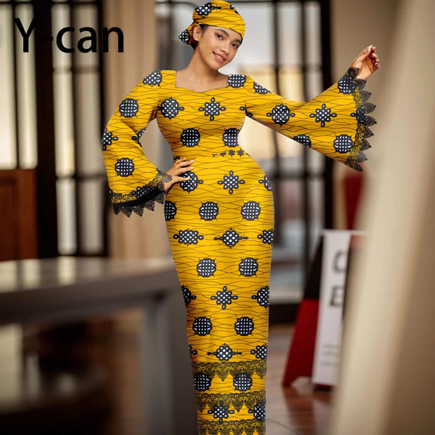 African Dress for Women Elegant Flare Sleeve Lace Dress Slim Fit Party Evening Gown Vestidos with Headwrap African Dress 2425158