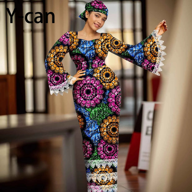African Dress for Women Elegant Flare Sleeve Lace Dress Slim Fit Party Evening Gown Vestidos with Headwrap African Dress 2425158