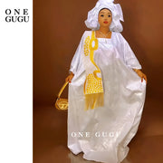 African Traditional Wedding Bazin Riche Boubou And Scarf With Tassels White And Gold Embroidery Basin Dashiki Nigerian Dresses