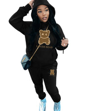 2024 Women's Letter Print 2 Piece Outfits Teddy Bear Letter Print Kangaroo Pocket Tracksuit Set Long Sleeve Sweatshirt and Pants
