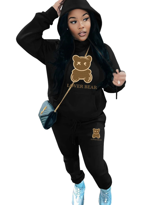 2024 Women's Letter Print 2 Piece Outfits Teddy Bear Letter Print Kangaroo Pocket Tracksuit Set Long Sleeve Sweatshirt and Pants