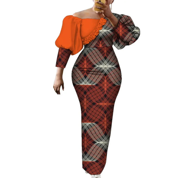 Women Dress African Print Cotton Puff Sleeve Evening Dress African Clothes for Women Elegant Bodycon Long Party Dress WY2122