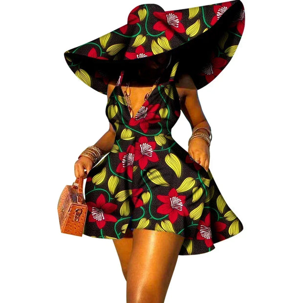 Women Summer Dress African Print Jumpsuit Sexy Sleeveless V-neck Short Pant with Hat Fashion African Clothes Lady Attire WY8844