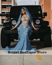 New Arrival 2025 Blue Prom Dresses For Black Girls With Cape Bead Diamonds Gems Sequins Birthday Party Gown Customized