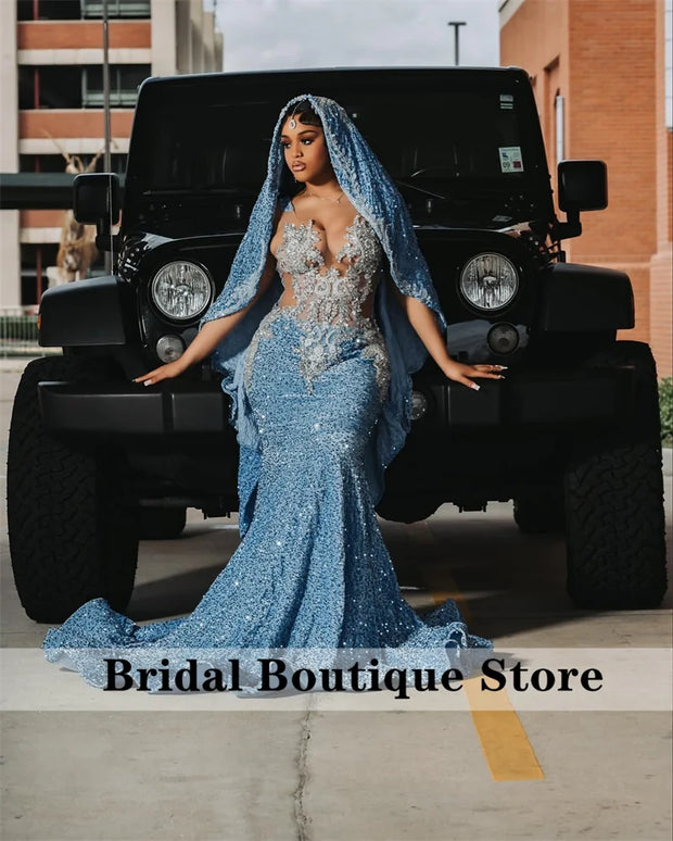 New Arrival 2025 Blue Prom Dresses For Black Girls With Cape Bead Diamonds Gems Sequins Birthday Party Gown Customized