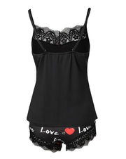 Two Piece Set Women Outfit 2025 Valentine's Day Love Heart Print Contrast Lace Sleeveless Cami Top & Home Shorts Pajama Set