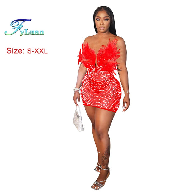 2025 Sexy Tight Fitting Women Halter Tops Dress Feather Decor Backless Short Skirt Summer Suspender Ceremony Sequin Girl Dress