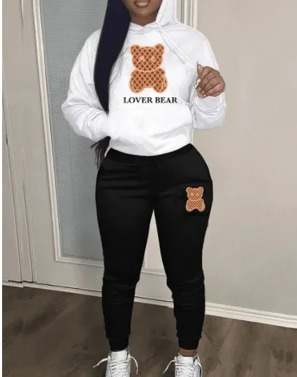 2024 Women's Letter Print 2 Piece Outfits Teddy Bear Letter Print Kangaroo Pocket Tracksuit Set Long Sleeve Sweatshirt and Pants