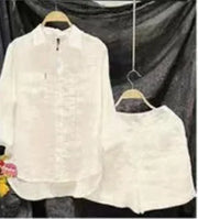 Fashion White Long Sleeve Shirt And Shorts Two Piece Sets Woman 2024 Spring Cotton Linen Casual Home 2 Piece Set For Women