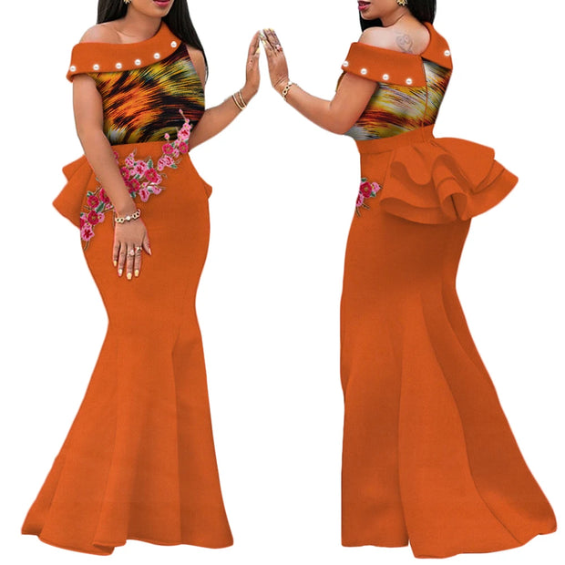 African Print Dresses for Women Riche Applique Draped Peals Long Dress Party Vestidos Traditional African Lady Clothing WY444