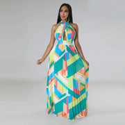 CM.YAYA Women Geometrical Striped Halter Neck Backless Pleated Big Swing Maxi Long Dress 2023 INS Beach Holidaye Party Dresses