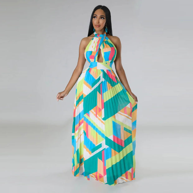 CM.YAYA Women Geometrical Striped Halter Neck Backless Pleated Big Swing Maxi Long Dress 2023 INS Beach Holidaye Party Dresses