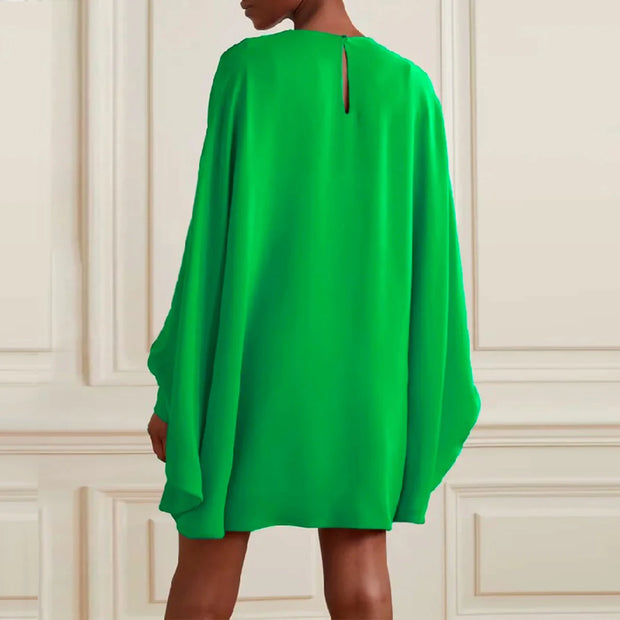 Yeezzi Spring Fashion Female Green Dress Loose Simple Long Batwing Sleeves Solid Color Round-Neck Mini Dresses For Women 2023