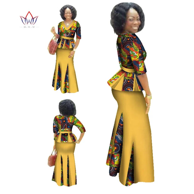 Traditional African Clothing 2 Piece Set Women Clothes Half Sleeve Maxi Dress Dashiki African Print Skirt free Scarf 6XL WY1435