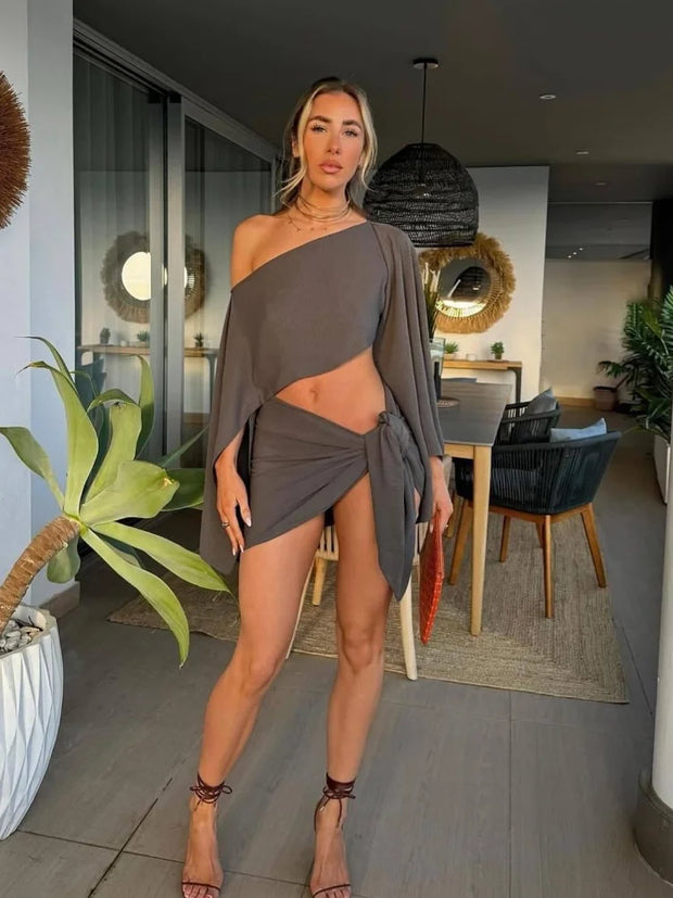 Women Cotton Linen Long Pagoda Sleeve Crop Top 2 Piece Set One Piece Twisted Knot Mini Skirt Suit Summer Lady Highstreet Outfits