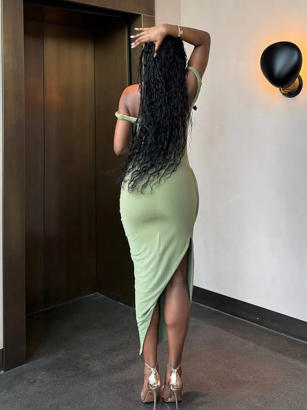 Weird Puss Irregular Patchwork Dress Women Sexy Slash Neck Side Split Elegant Tight Stretch Summer Trend Skinny Maxi Bodycon