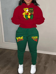 Plus Size Autumn & Winter Letter Print Color Block Hooded Sweatshirt Set Daily Casual Long Sleeve Female Tracksuit Set