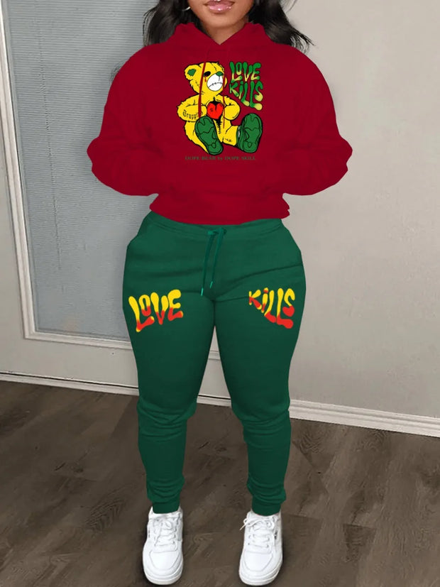 Plus Size Autumn & Winter Letter Print Color Block Hooded Sweatshirt Set Daily Casual Long Sleeve Female Tracksuit Set