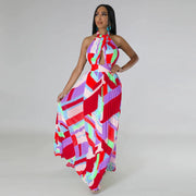 CM.YAYA Women Geometrical Striped Halter Neck Backless Pleated Big Swing Maxi Long Dress 2023 INS Beach Holidaye Party Dresses