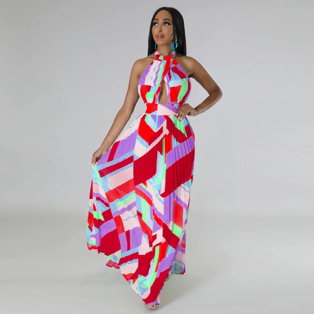 CM.YAYA Women Geometrical Striped Halter Neck Backless Pleated Big Swing Maxi Long Dress 2023 INS Beach Holidaye Party Dresses