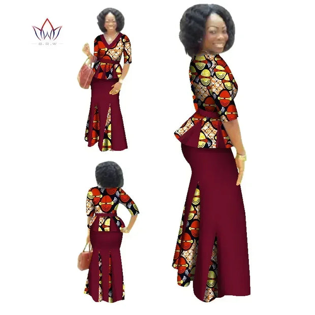 Traditional African Clothing 2 Piece Set Women Clothes Half Sleeve Maxi Dress Dashiki African Print Skirt free Scarf 6XL WY1435