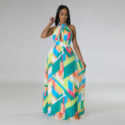 CM.YAYA Women Geometrical Striped Halter Neck Backless Pleated Big Swing Maxi Long Dress 2023 INS Beach Holidaye Party Dresses
