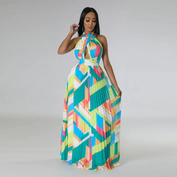 CM.YAYA Women Geometrical Striped Halter Neck Backless Pleated Big Swing Maxi Long Dress 2023 INS Beach Holidaye Party Dresses