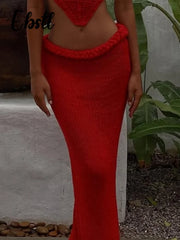 Sexy Knitted Tanks Skirts Set Women Chic Hollow-out Backless Sling Crop Top Hip Package Long Skirt 2025 New Female Beach Outfits