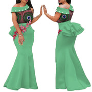 African Print Dresses for Women Riche Applique Draped Peals Long Dress Party Vestidos Traditional African Lady Clothing WY444
