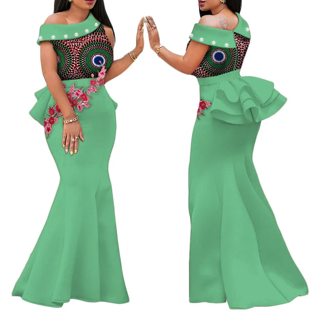 African Print Dresses for Women Riche Applique Draped Peals Long Dress Party Vestidos Traditional African Lady Clothing WY444