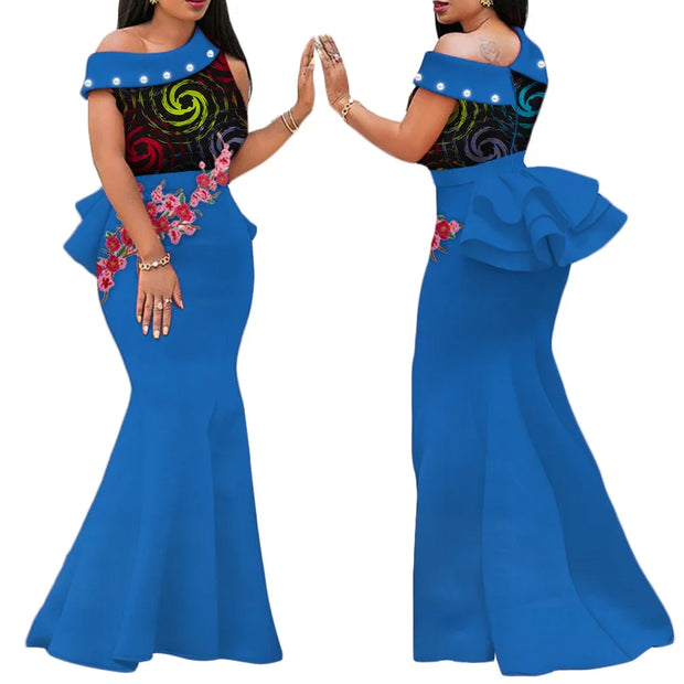 African Print Dresses for Women Riche Applique Draped Peals Long Dress Party Vestidos Traditional African Lady Clothing WY444