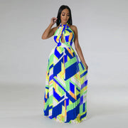 CM.YAYA Women Geometrical Striped Halter Neck Backless Pleated Big Swing Maxi Long Dress 2023 INS Beach Holidaye Party Dresses