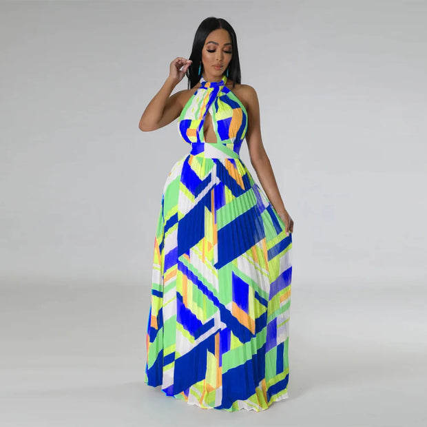 CM.YAYA Women Geometrical Striped Halter Neck Backless Pleated Big Swing Maxi Long Dress 2023 INS Beach Holidaye Party Dresses