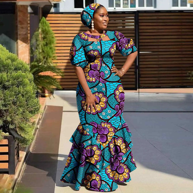 Evening Dresses African Dresses for Women Print Ruffles Maxi Dress with Free Headwrap Elegant Lady Party Wedding Gown Y2225020