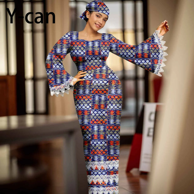 African Dress for Women Elegant Flare Sleeve Lace Dress Slim Fit Party Evening Gown Vestidos with Headwrap African Dress 2425158