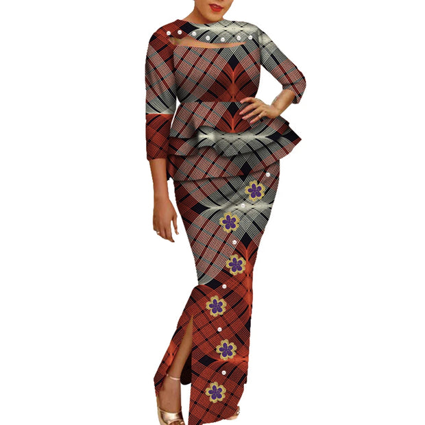 African Wax Print Clothing Women 2 Piece Outfits Set Bazin Riche Applique Flower & Pearls Women Tops and Skirt Set WY3698