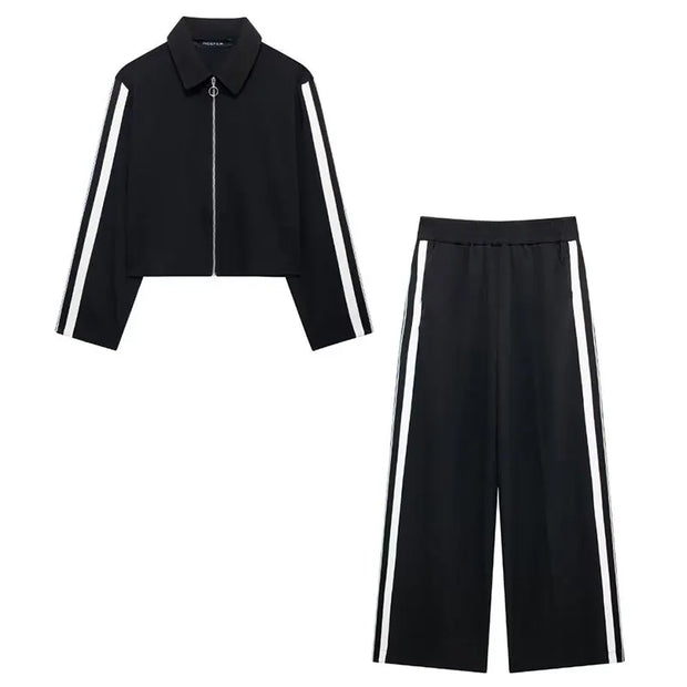 TRAFZA 2024 New Women Casual Black Trousers Suits Sports Short Jacket + Female Vinatge Black White Patchwork Baggy Pants Street