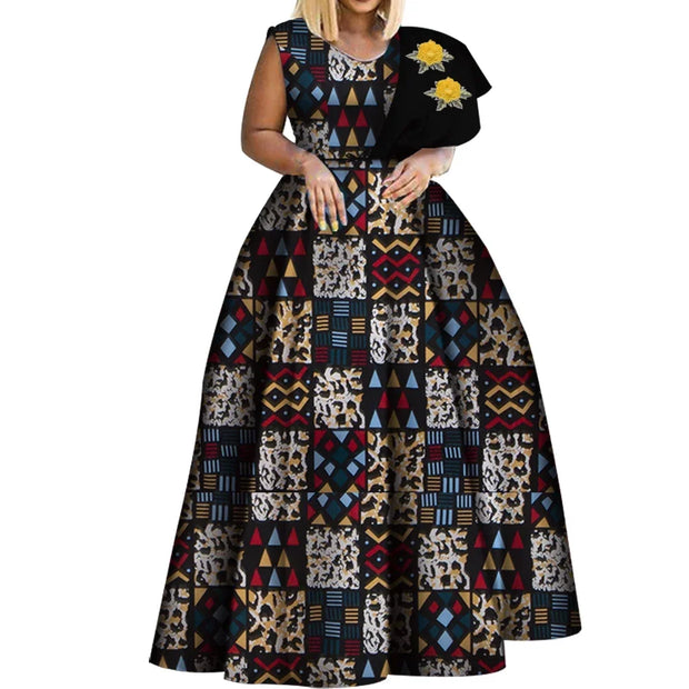 Bintarealwax Dashiki African Print Dresses Bazin One-shoulder Party Dress Vestidos Plus Size African Dresses for Women WY3834